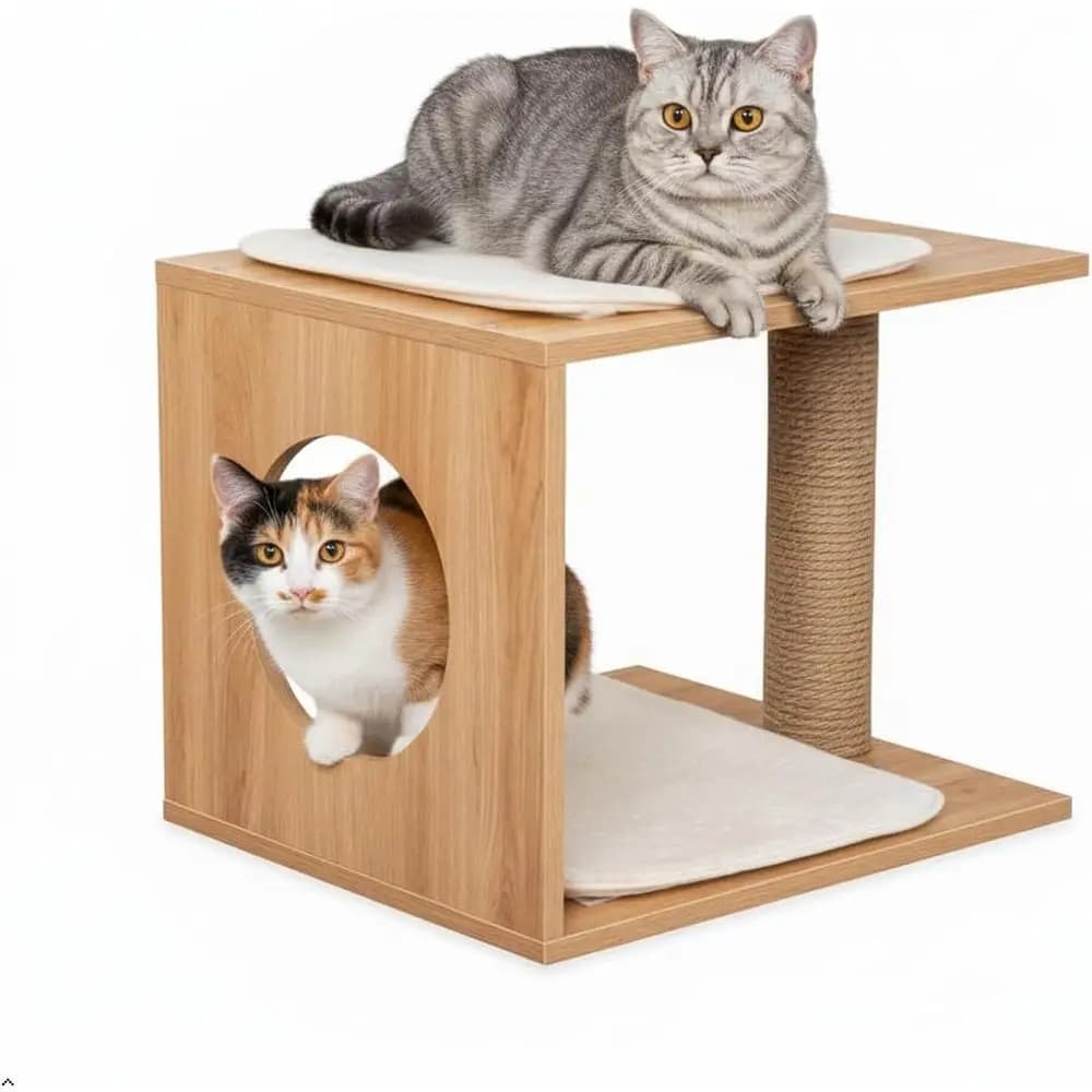 Albero per Gatti in Legno da Interno con Tiragraffi, Cuccia Accogliente e Postazione Rialzata per Spazi Piccoli