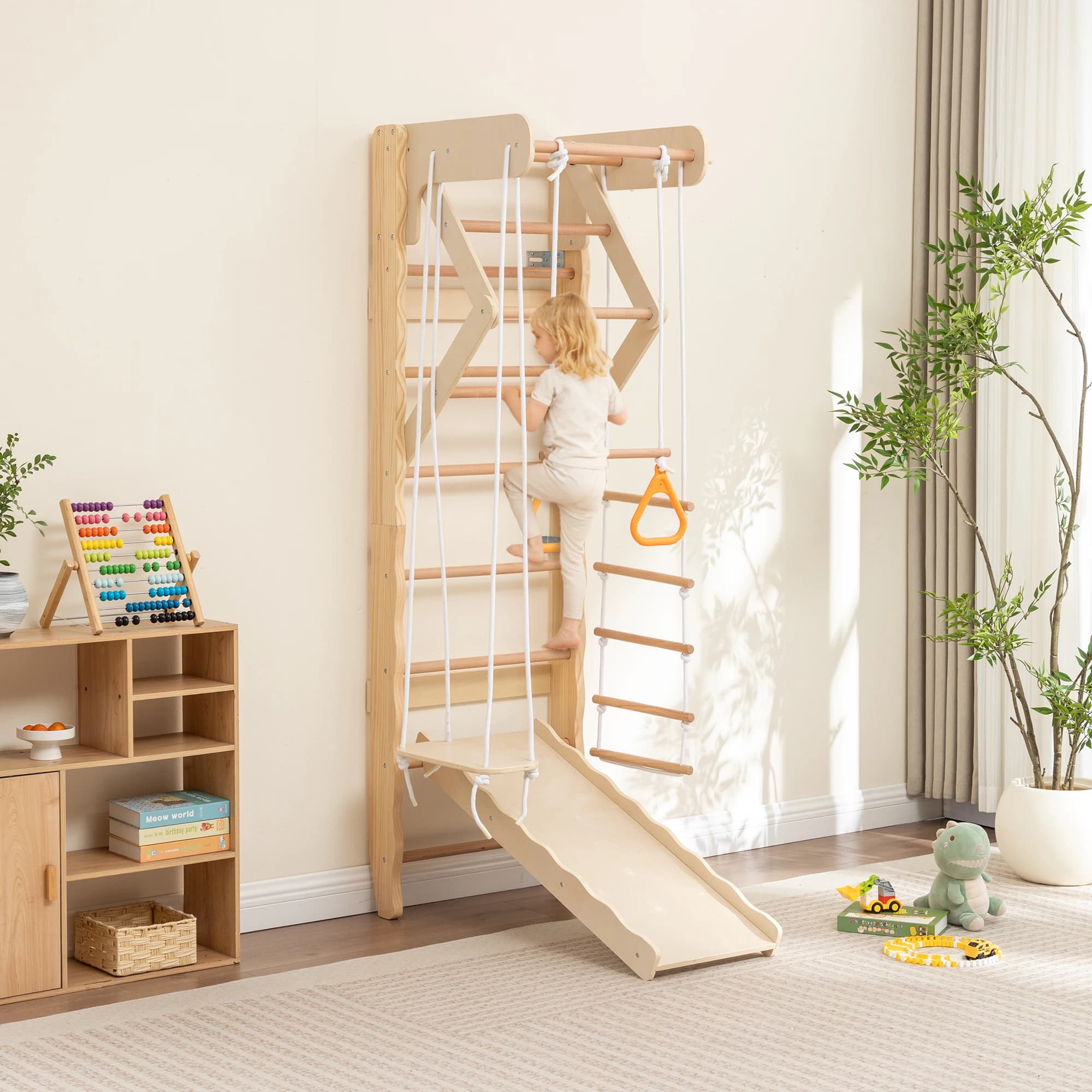 5-in-1 Wooden Indoor Jungle Gym for Kids, Wall-Mounted Swedish Ladder with Pull-Up Bar, Rings, Swing, and Slide