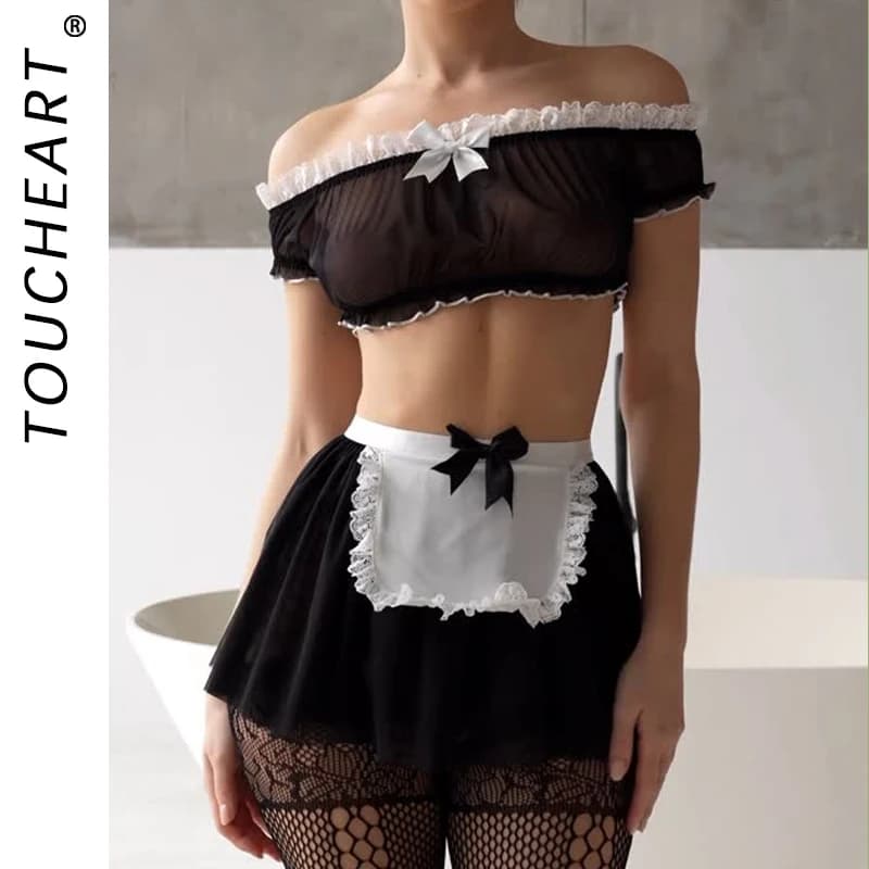 Toucheart Set uniforme da cameriera con nodo a fiocco sexy da donna Set da cameriera cosplay in pizzo patchwork trasparente con colori a contrasto