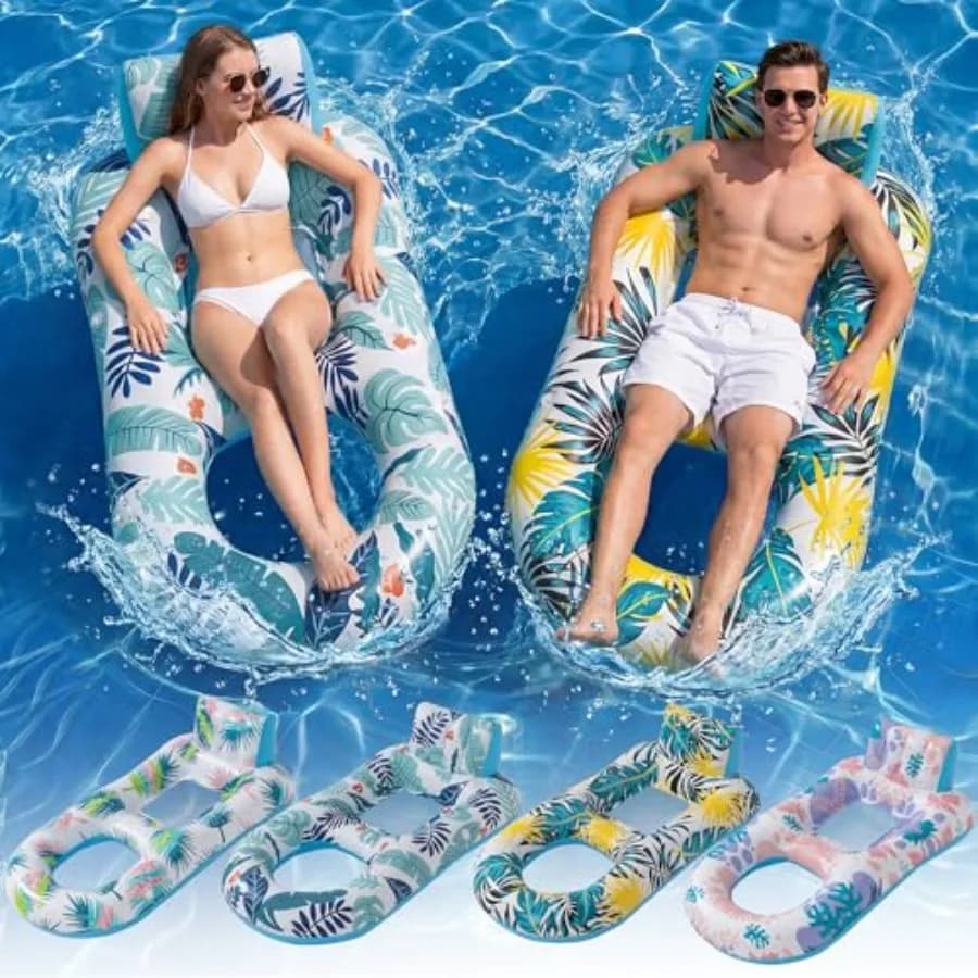 Inflatable Heavy Duty Pool Floats Lounger for Adult Use, PVC Multicolor with Backrest Footrest, Durable Pool Rafts Floaties for