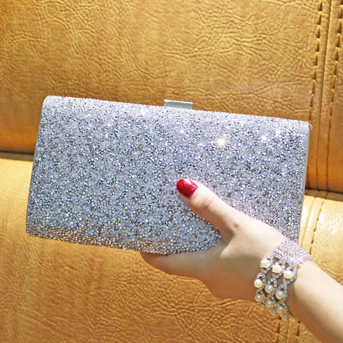 Borse da sera alla moda con strass Borse da sera di lusso con pochette a catena in metallo color argento bling su un lato