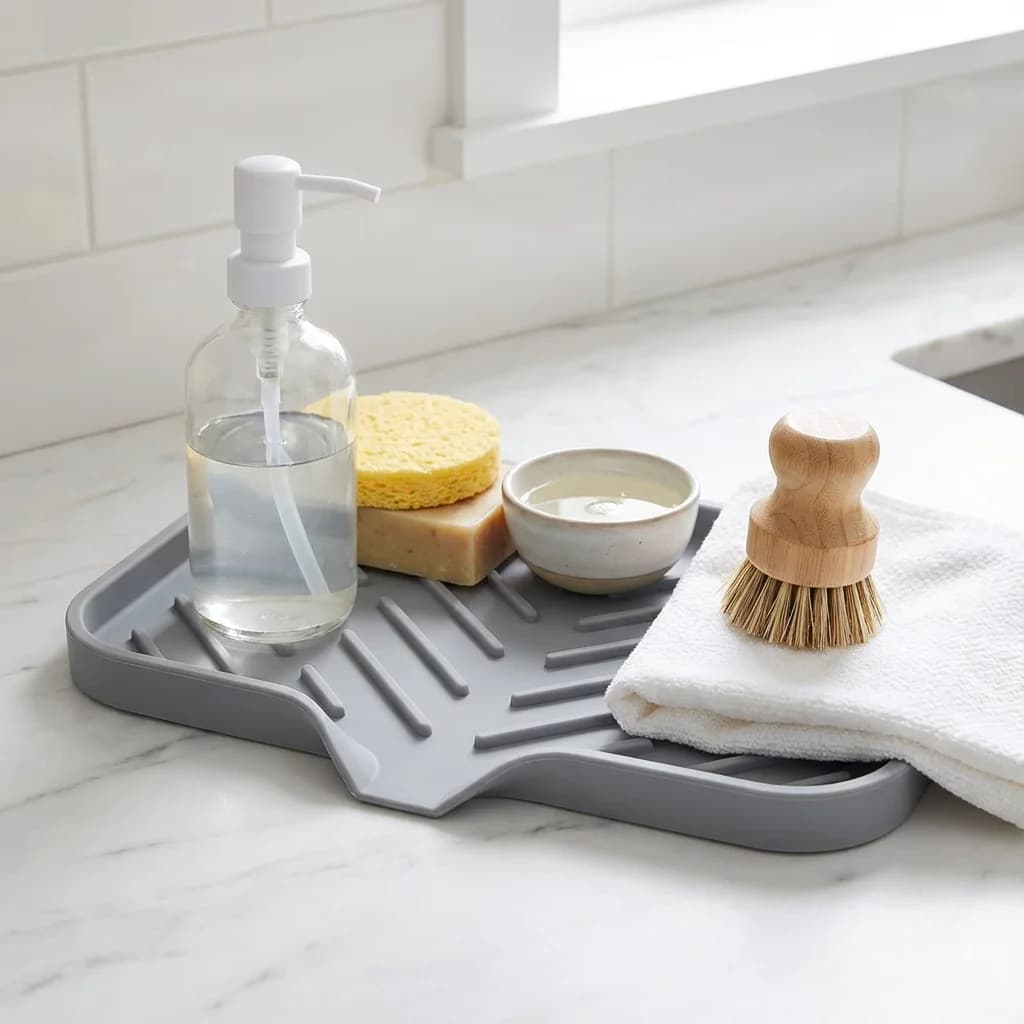 Essential Silicone Mat for Kitchen sink, Grey, Drenante and Anti-slip, Perfect for Sapon Dispenser and Sponge Organization