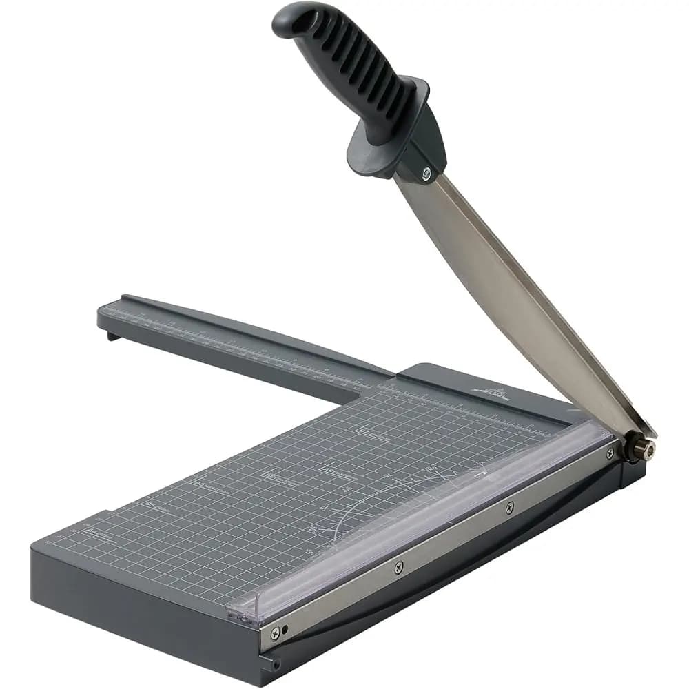12 inch guillotine cutter with concealed ruler, capacity of 12 sheets, suitable for cardboard, photo and album.