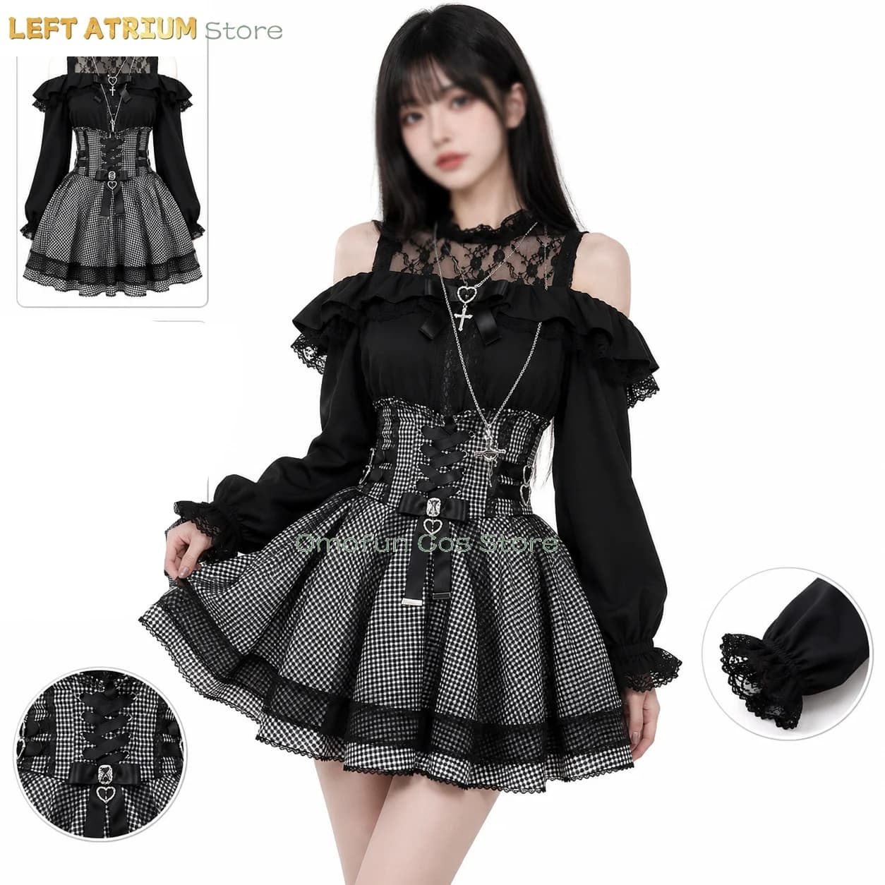 Jirai kei Lolita Dress Skirts Blouse New Autumn Japanese Elegant Lady Long Sleeve Off-shoulder Top High Waist Skirt 2-piece Set