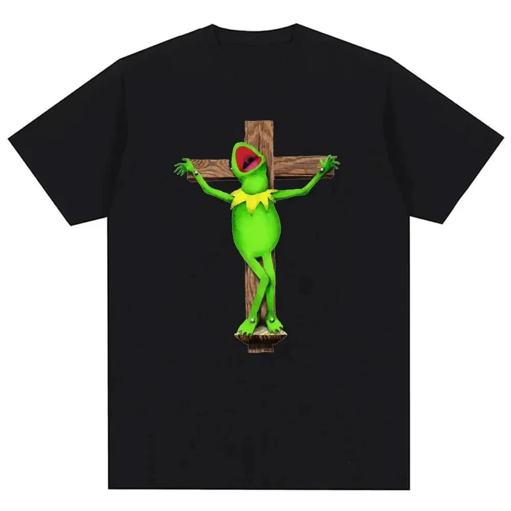 Maglietta con grafica della crucificazione di Kermit, divertente maglietta con meme della pop culture, girocollo in cotone a maniche corte