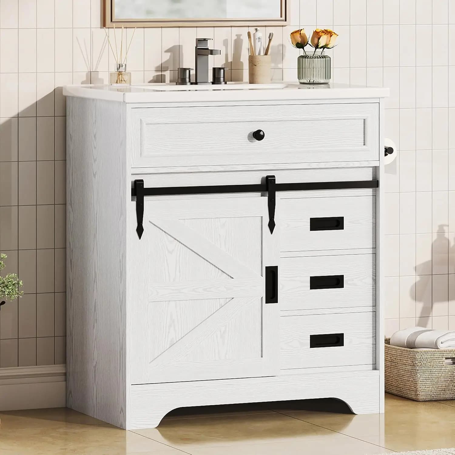 Mobile da Bagno 30 Pollici con Lavabo, Stile Rustico, Cassetto Ribaltabile, Porta Scorrevole, Maniglia in Metallo, Bianco Personalizzabile