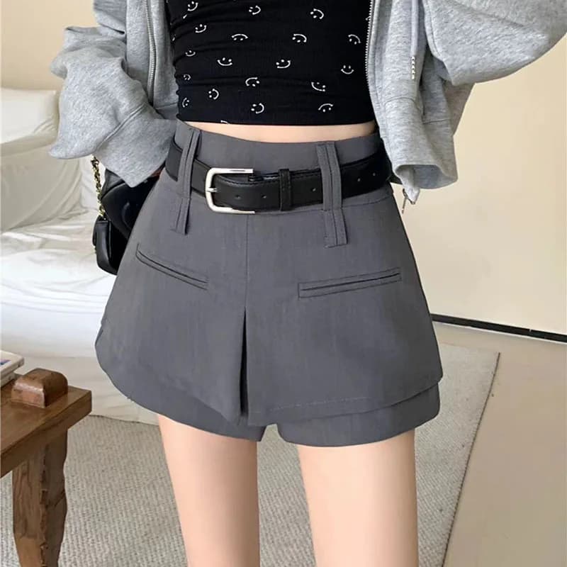 High Waist Suit Belt Shorts Women Summer Loose A Line Wide Leg Shorts Y2K Ladies Korean Chic Asymmetric Pleated Solid Shorts New