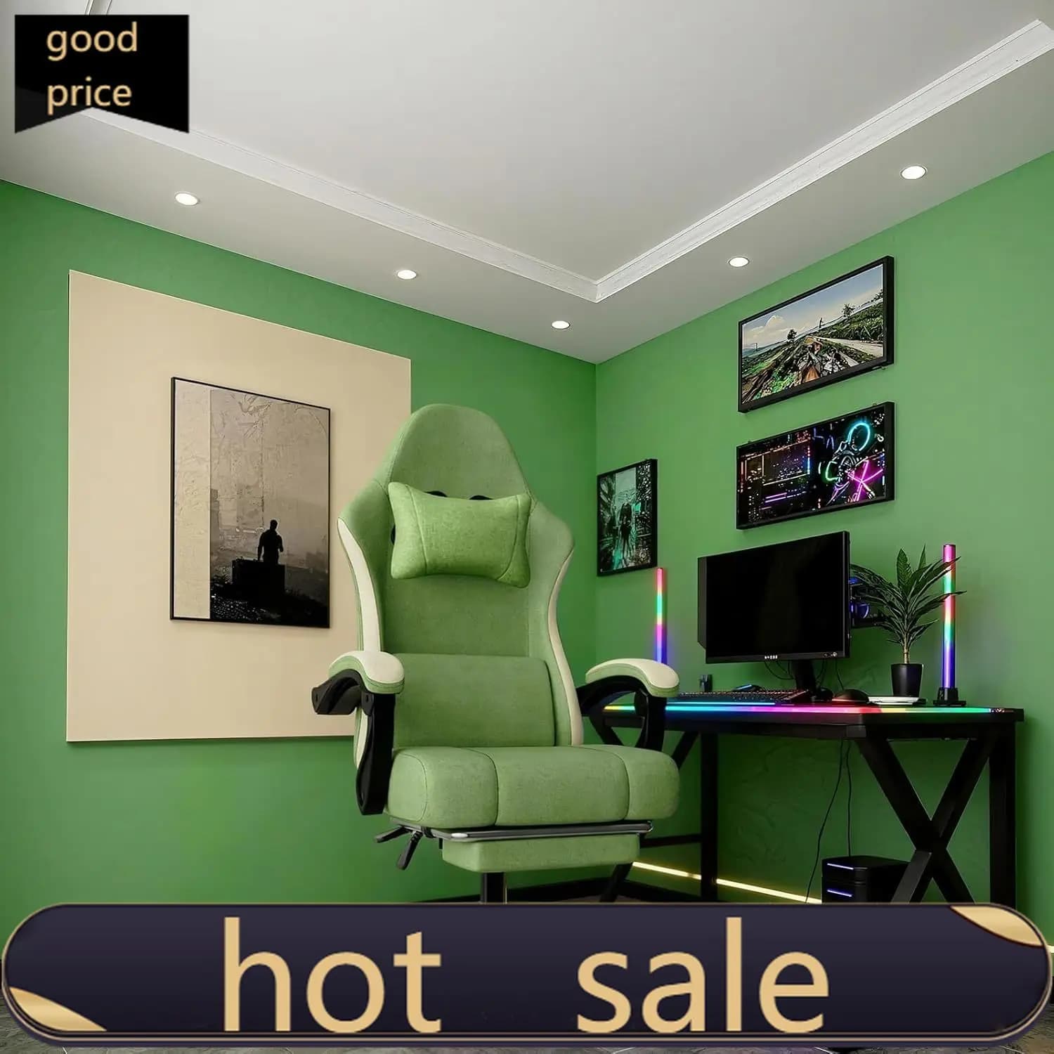 Gaming Chair, High Back Fabric Computer Chair with Pocketed Spring Cushion and Footrest, Height Adjustable Game Chair with Headr