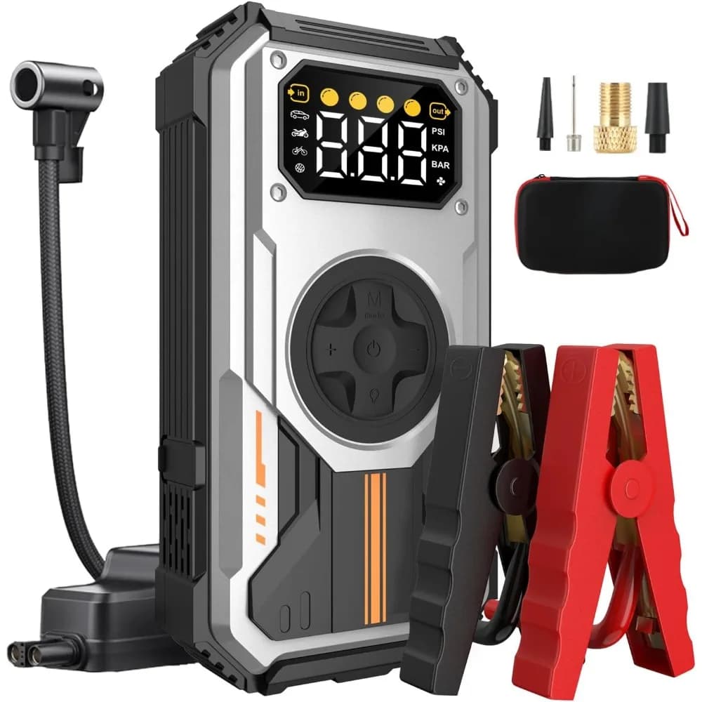 Avviatore di emergenza per batteria per auto con compressore d'aria, ponticello per auto ricaricabile portatile 6000A (fino a 7,5 litri di gas, diesel 6 litri), display LCD LE