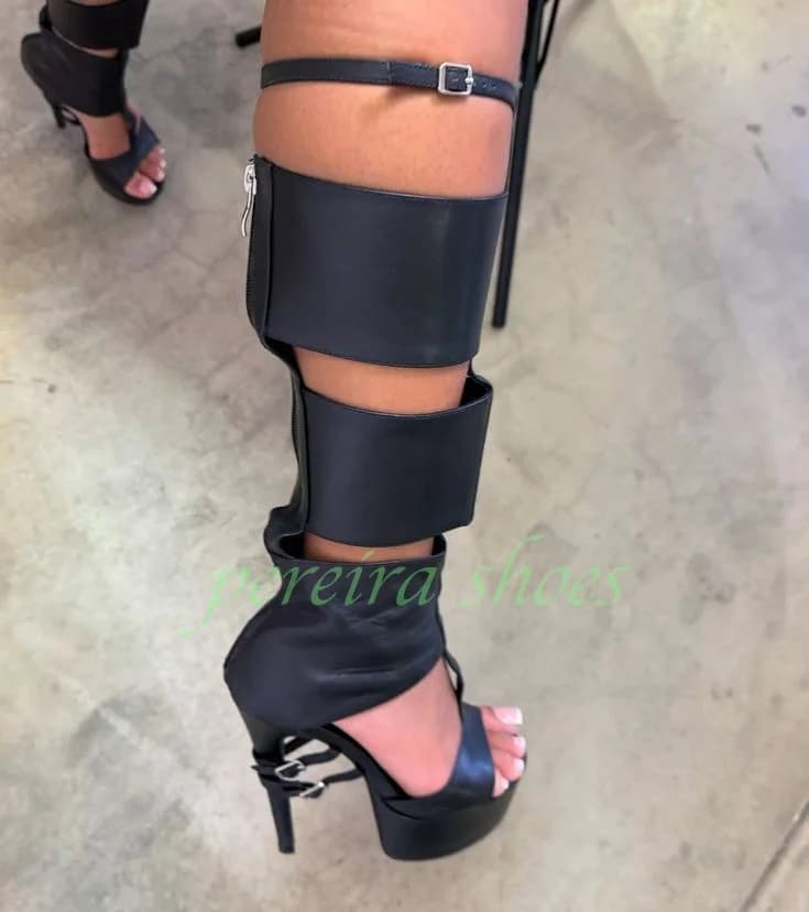 Lady Black Gladiator Strap with Buckle Knee Boots Platform High heels Summer Cut-Out Buckle Hinge Hinge Flat Dance Shoes 46