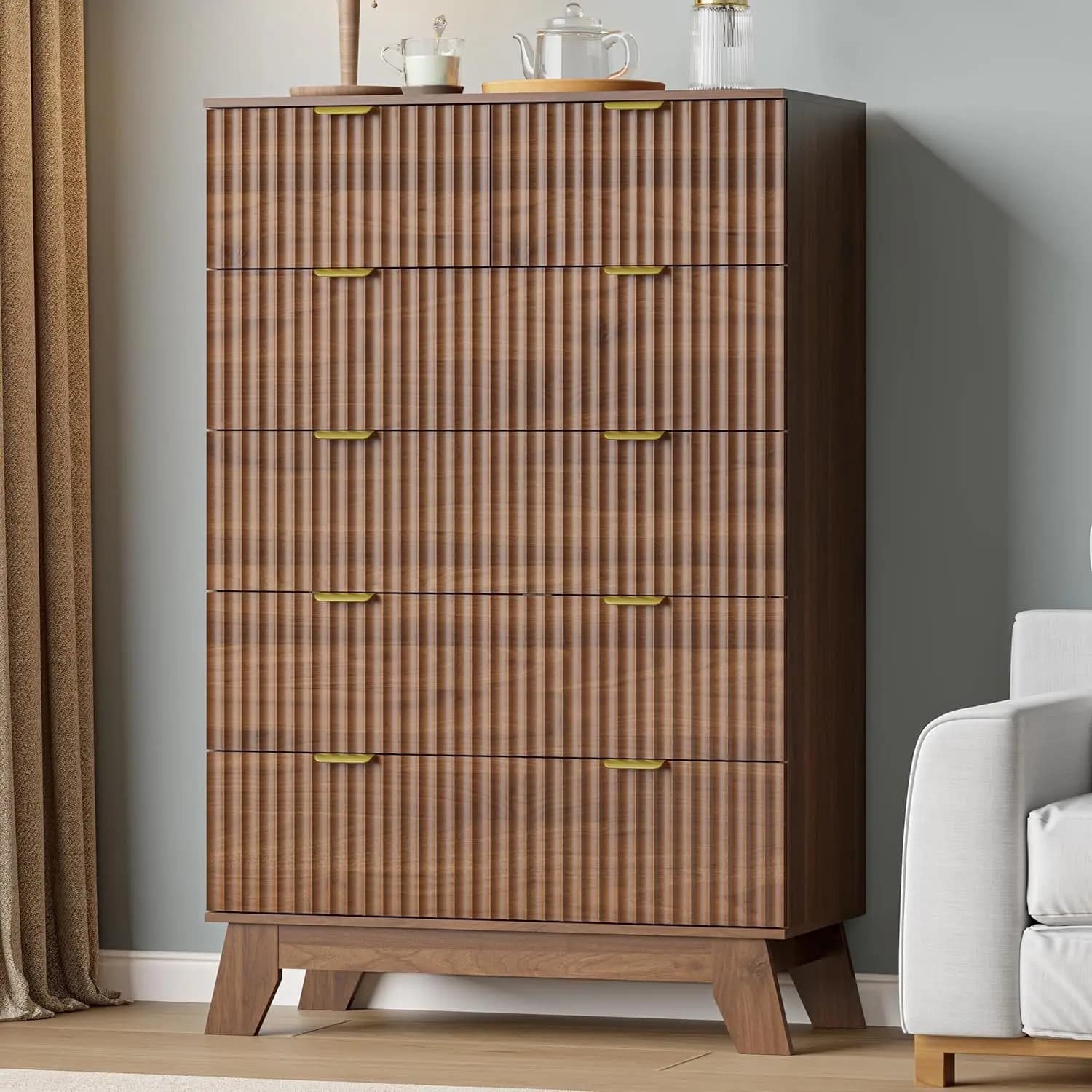 Cassettiera Alta a 6 Cassetti 46''H, Mobile Contenitore in Legno Scanalato con Maniglie in Metallo, per Camera da Letto, Soggiorno, Corridoio, Ingresso, Noce, Personalizzabile