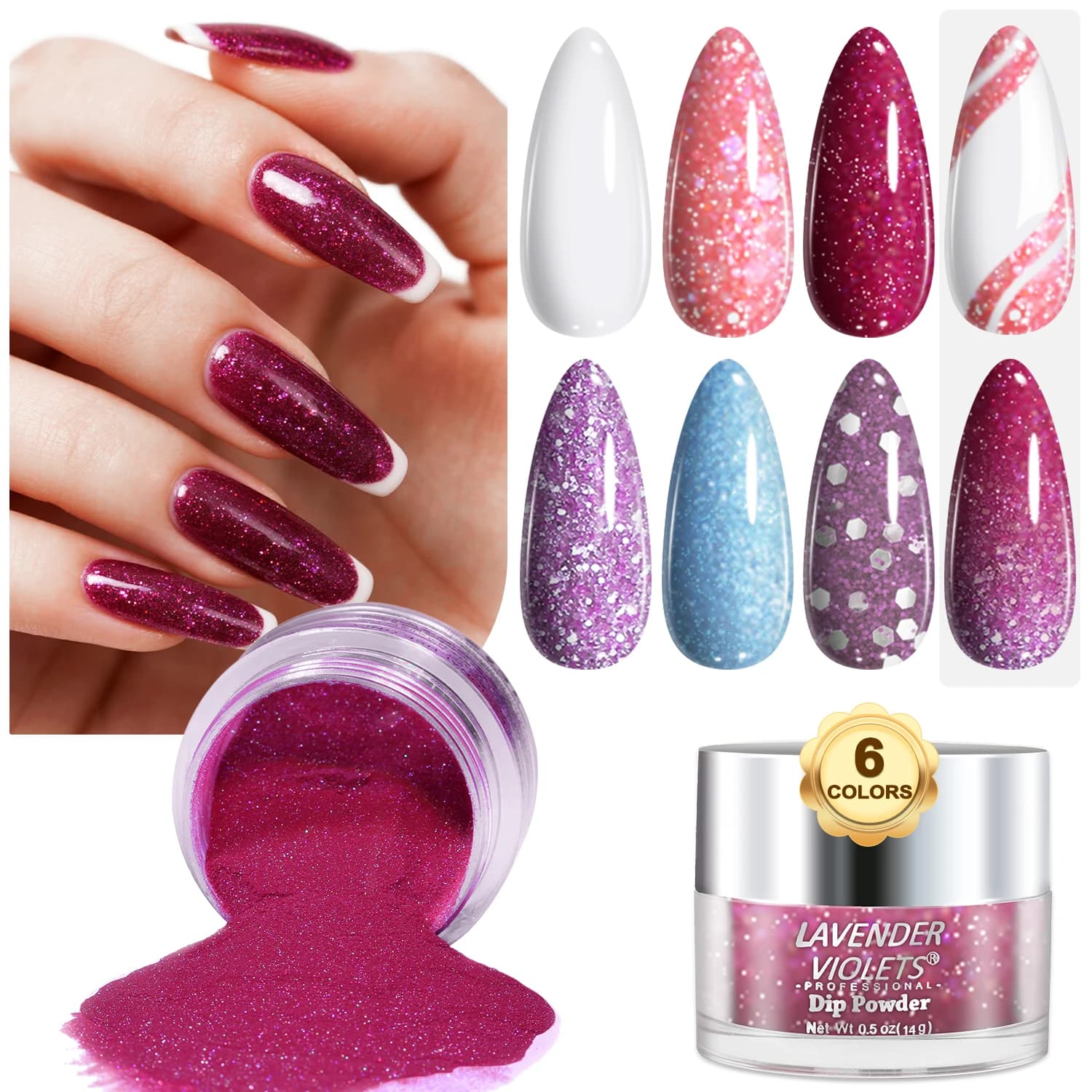 6 pezzi di grande capacità glitter rosa viola blu colori set di polvere per immersione ad asciugatura all'aria di lunga durata per il design di nail art per manicure