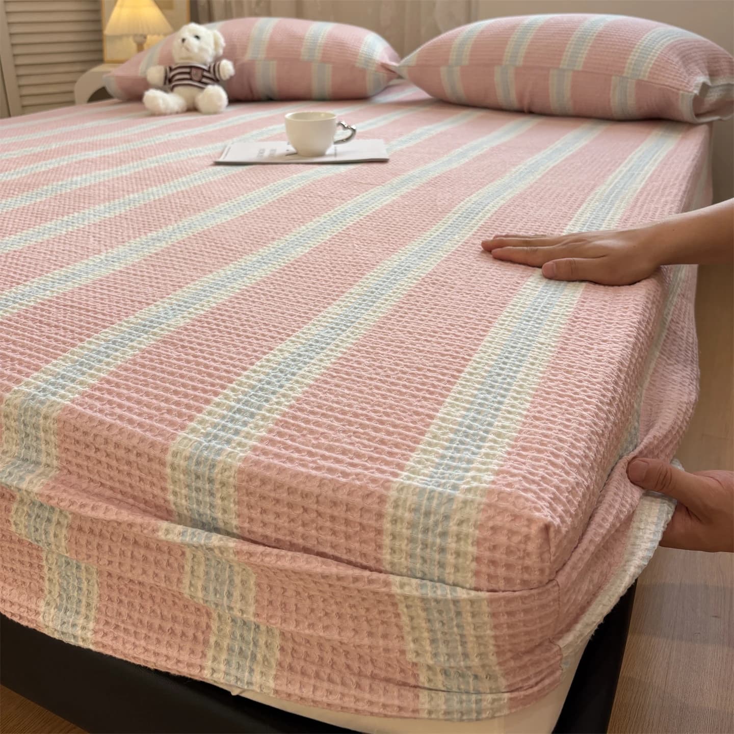 Set di lenzuola per waffle da 3 pezzi, lenzuolo con angoli in cotone, coprimaterasso antiscivolo con fascia elastica, lenzuolo matrimoniale natalizio