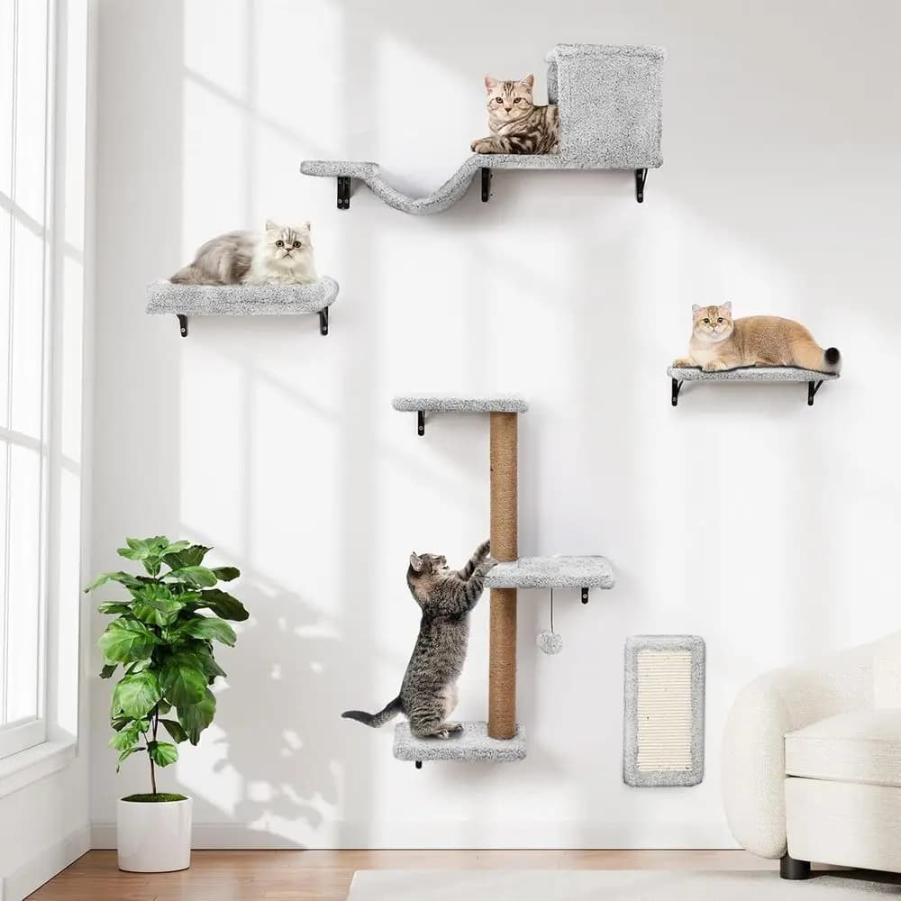Mensole a Parete Multilivello per Gatti, Postazione di Arrampicata Interna, Area Relax e Gioco, Design Salvaspazio, Legno Naturale - Grigio Chiaro