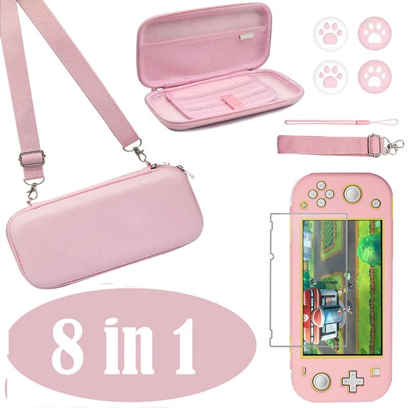 Kit custodia da trasporto rosa per Nintendo Switch Lite Custodia protettiva per console Protezione per schermo in vetro Impugnature per pollice Accessori da viaggio