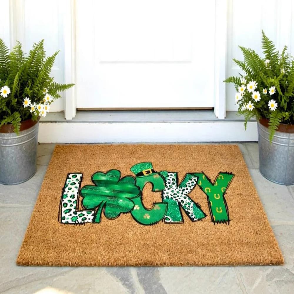 Lucky St Patrick's Day Doormat Leprechaun Hat Shamrock Retro Natural Coir Rug Front Porch Decor Mat St Paddy's Welcome Mat