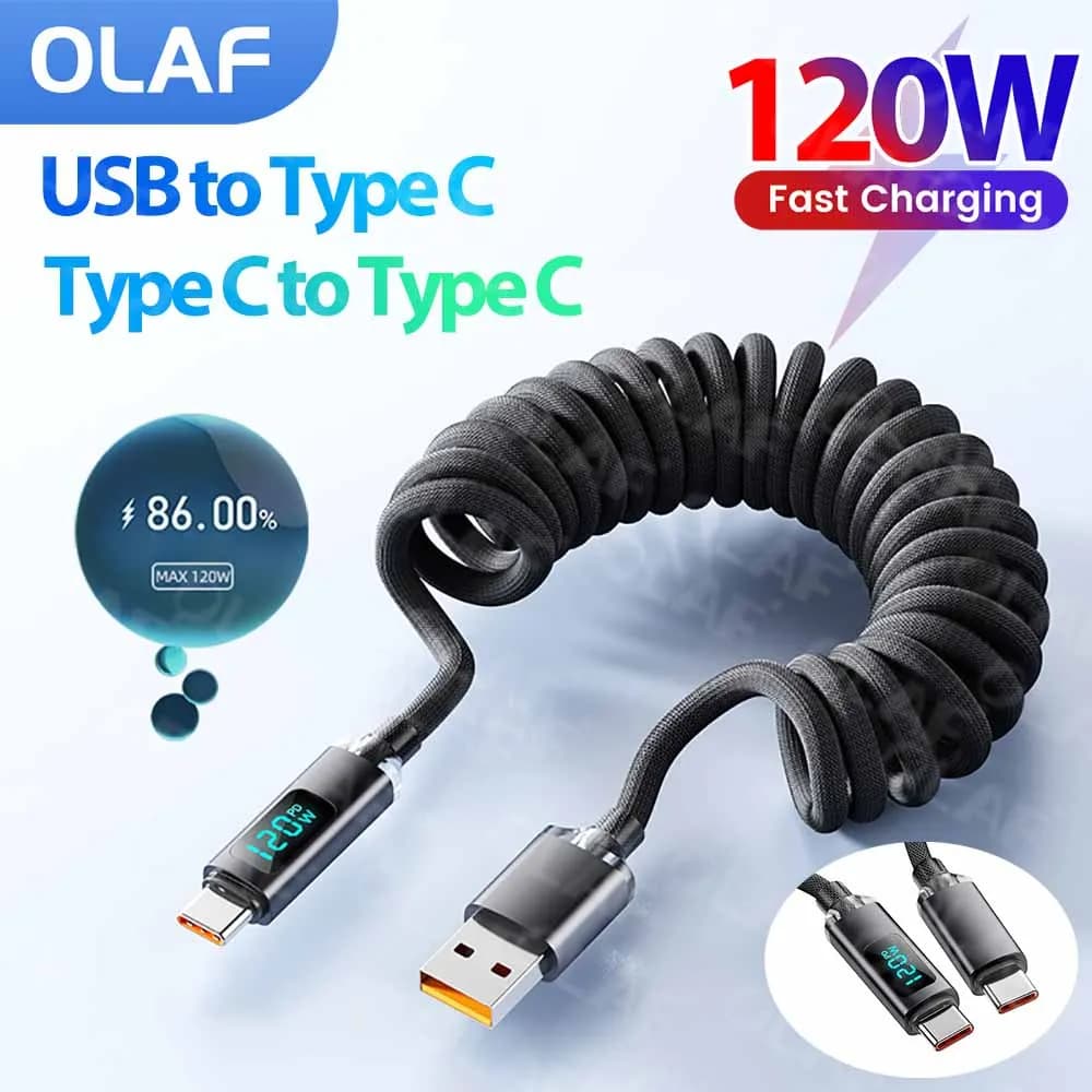Cavo a molla di ricarica rapida USB tipo C da 120 W Display digitale a LED Cavo dati USB C doppio retrattile per iPhone 15 16 Samsung Xiaomi