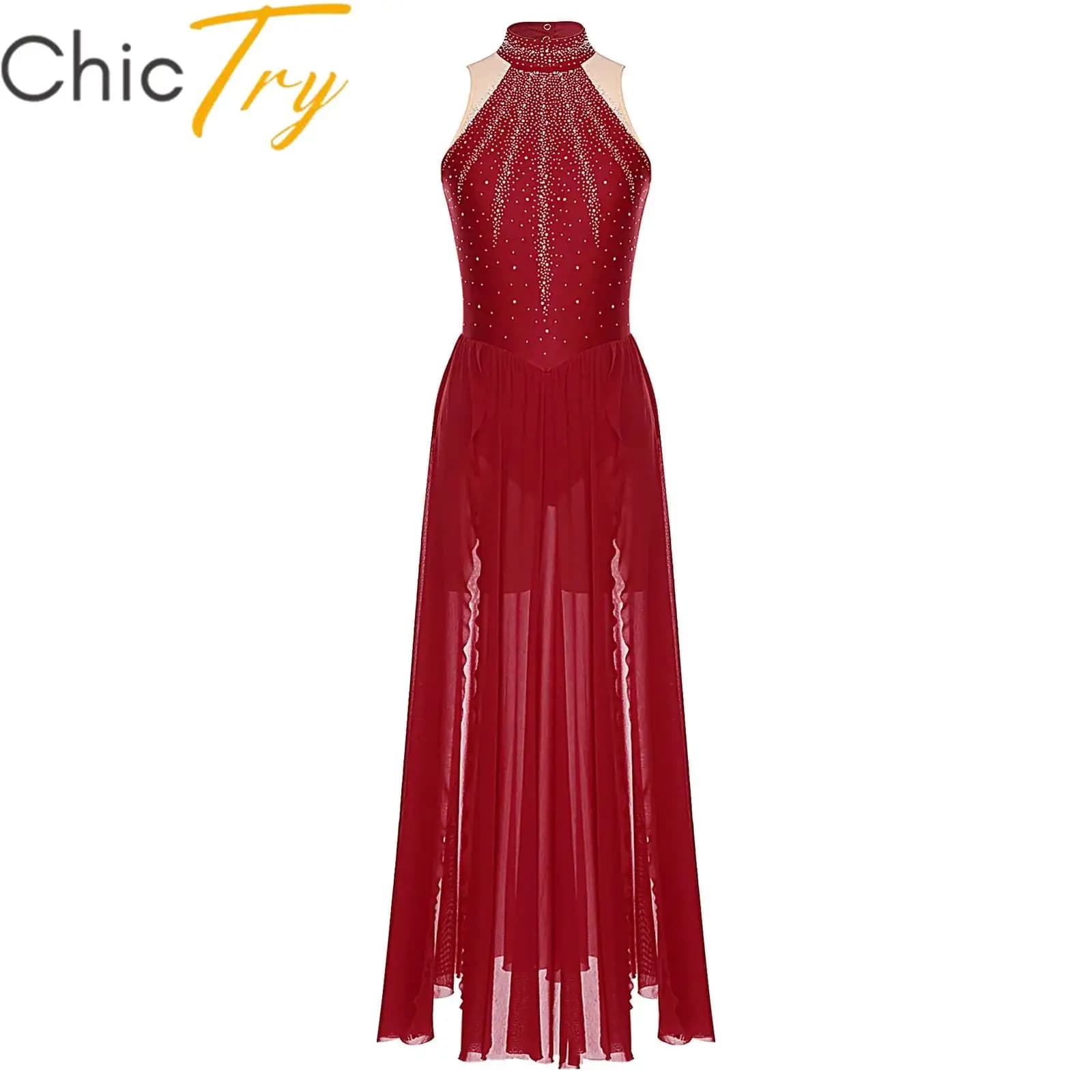 Abito da ballo lirico da donna Costume da spettacolo moderno e contemporaneo con strass Abito lungo diviso Abbigliamento da ballo per pattinaggio su ghiaccio