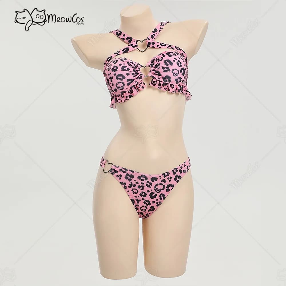 MEOWCOS Set bikini da donna Top all'americana e fondo slip Costume da bagno intero con stampa leopardata con teschio unico Rosa