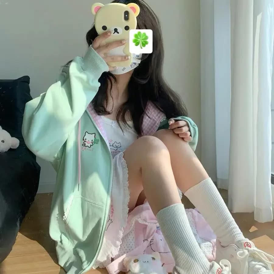 Felpa con cappuccio e zip a maniche lunghe ricamata con gatto, da donna, stile giapponese, primavera estate, dolce, carina, sottile, Y2K