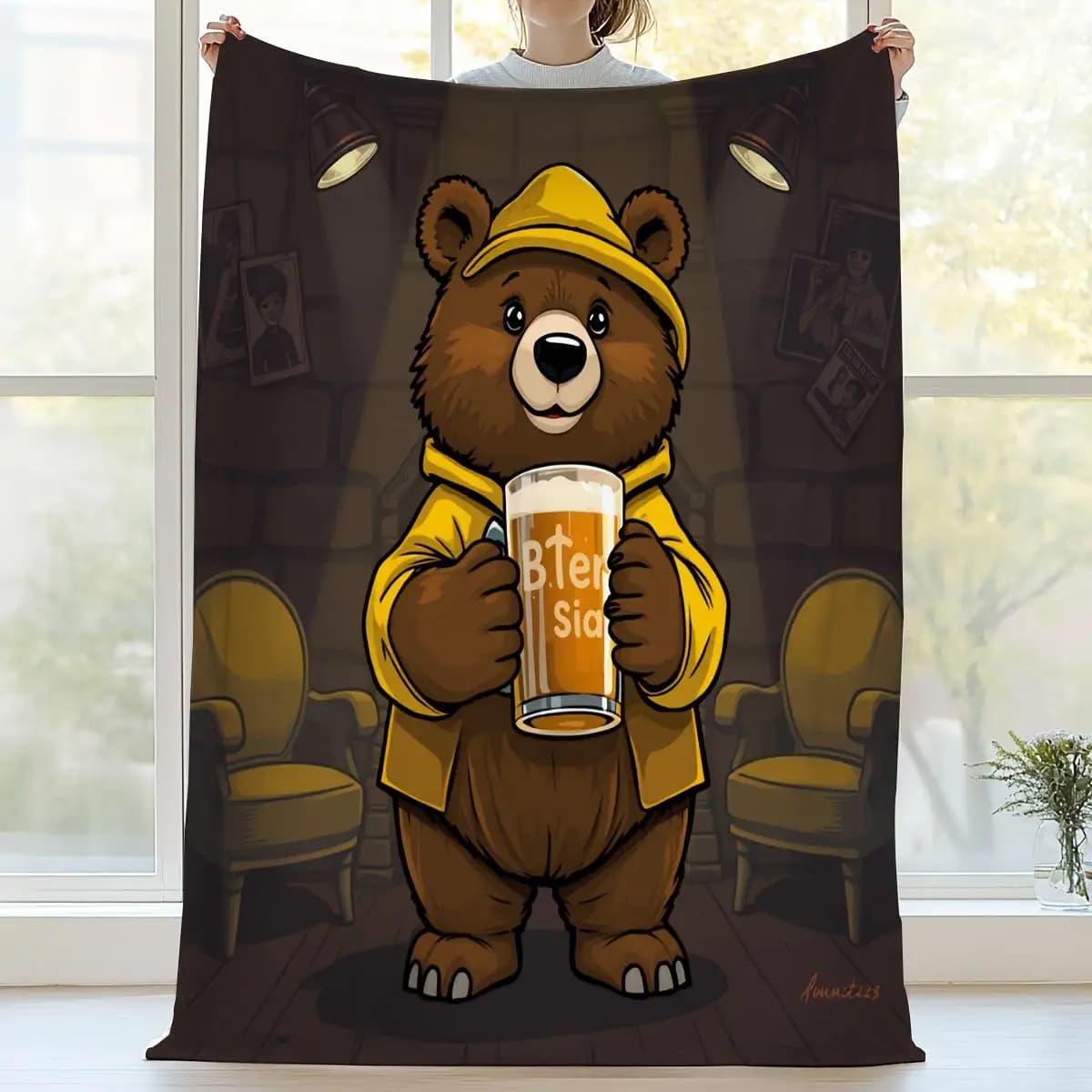 Modello di orso bruno e tazza di birra Coperta stampata in flanella adatta a tutte le stagioni adatta per divano da ufficio e viaggi
