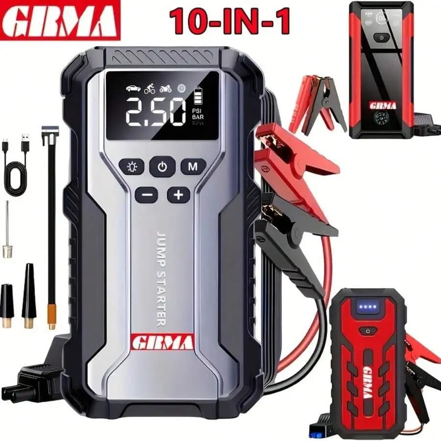 Avviatore di Emergenza Ultra-Compatto 10-in-1 con Pompa Digitale per Pneumatici da 150 PSI, Caricabatterie per Motori a Benzina fino a 2.64 Galloni