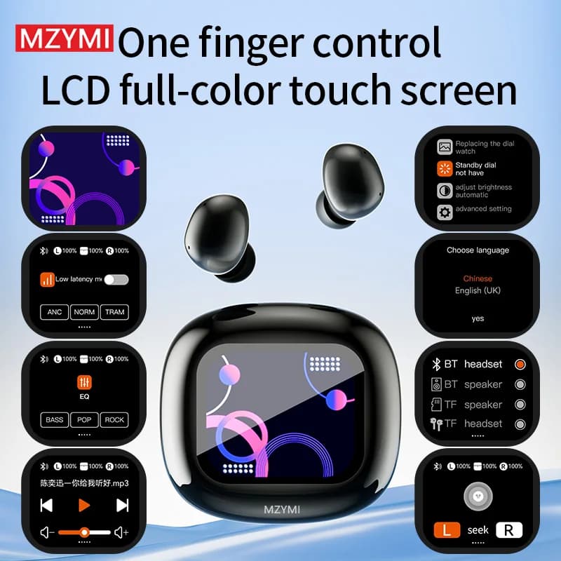 MZYMI S09 Nuove Cuffie con Schermo Touch Completo, Bluetooth 5.4, Cancellazione del Rumore, Auricolari Wireless In-Ear ENC con Microfono