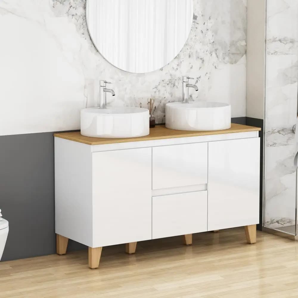 Vanity da bagno moderno da 47 pollici combinato: 2 vaschette, 2 ante e 2 cassetti, chiusura morbida, senza maniglia, piano/piedini in legno massello, lavabo rotondo in ceramica,