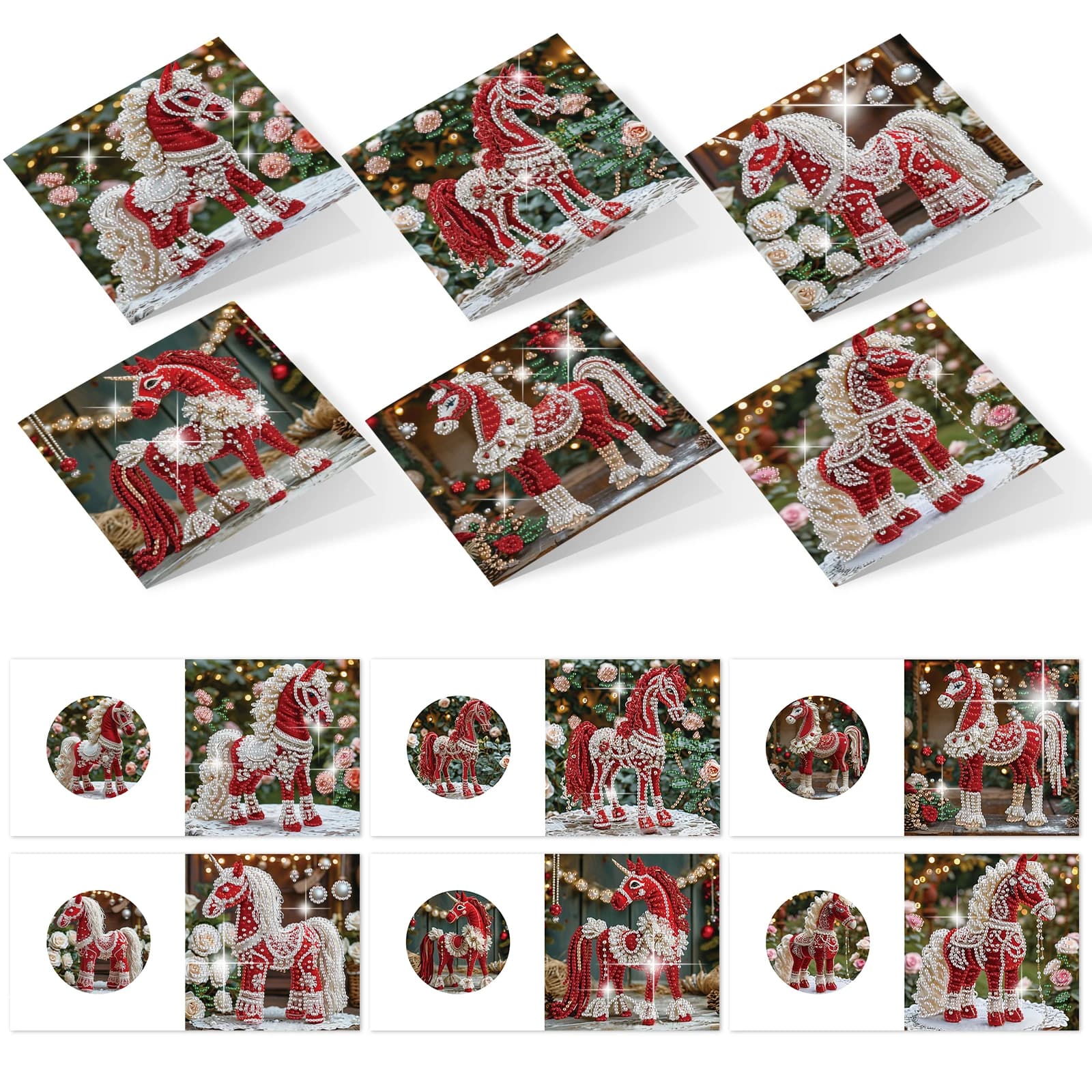 6 pezzi kit di biglietti d'auguri con pittura artistica con diamanti, cavallo rosso fai da te a forma speciale di cartoline di congratulazioni con diamanti artistici regali fatti a mano