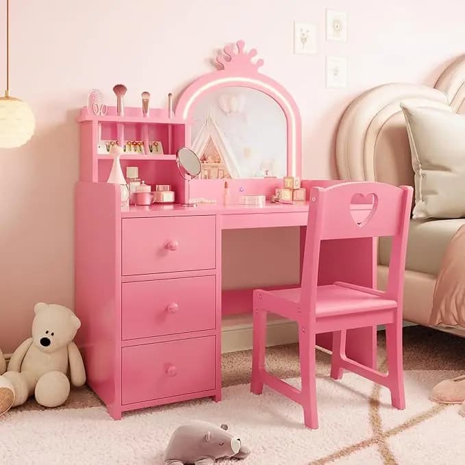 Vanity per bambini con luci, set scrivania e sedia da trucco Princess 2 in 1, tavolo da toeletta per bambini con libreria aperta per ragazze