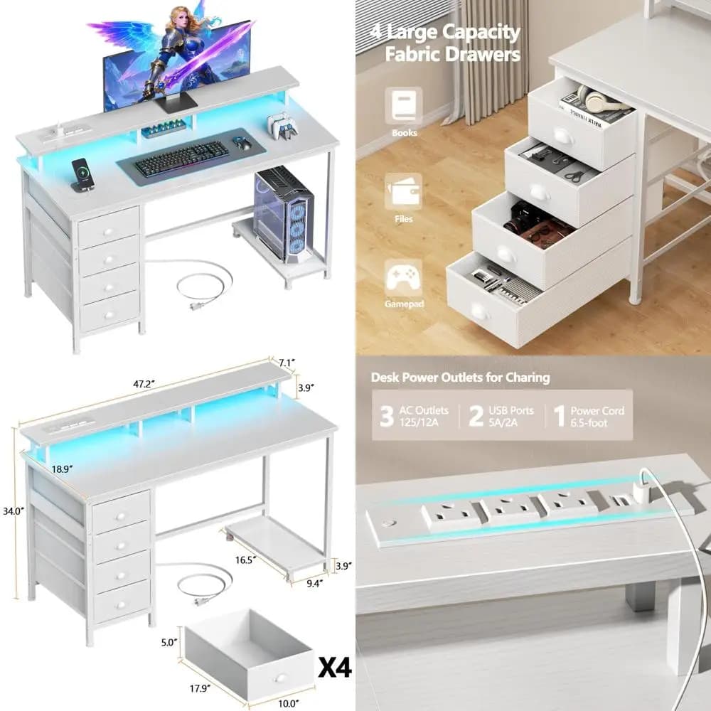 47 white computer desk with 4 fabric drawers, monitor support, LED lights, work desk, home office desk with power sockets