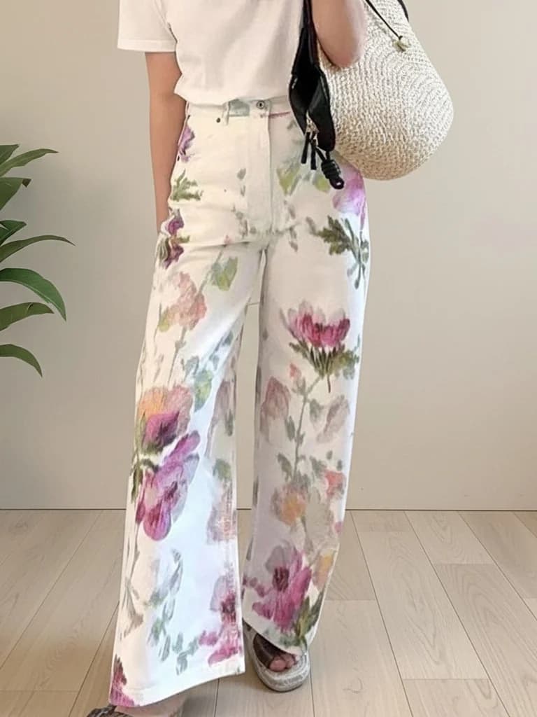 Elegant Floral Print High Waist Wide Leg Jeans Straight Cut High Fashion Women's Spring Season Casual Wear Comfortable Fit