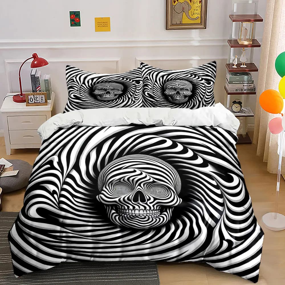 Set copripiumino con motivo a spirali in bianco e nero, stampa digitale, biancheria da letto colorata in poliestere con chiusura a cerniera, ideale come regalo.