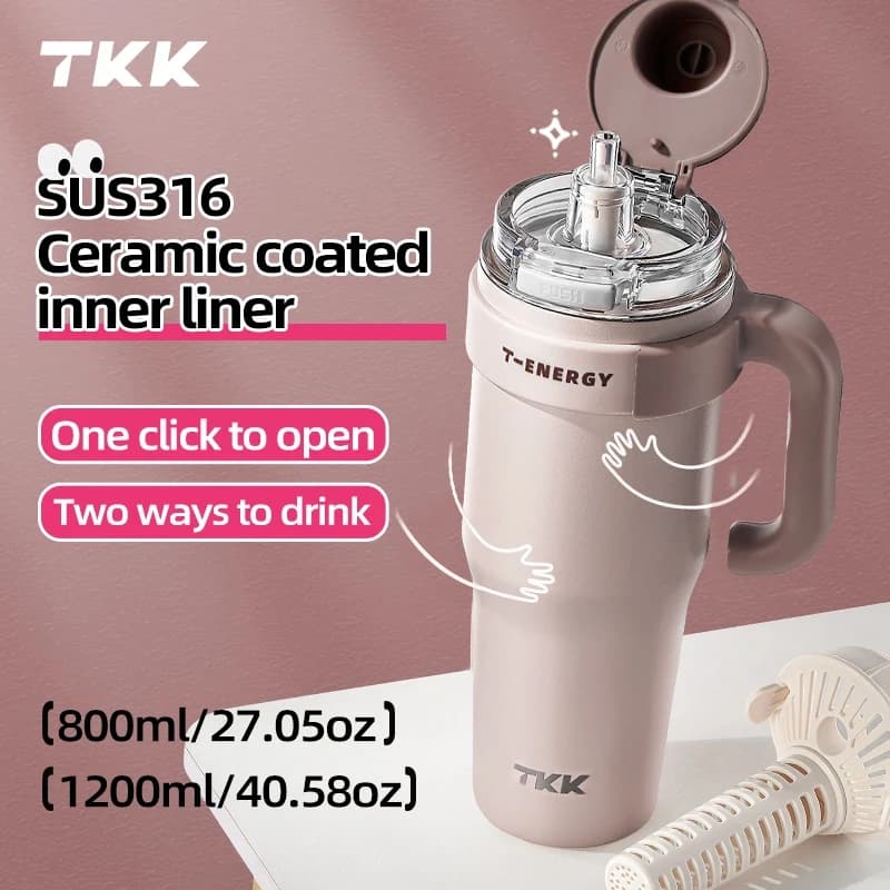 TKK 800ml/1200ml SUS316 tazza sottovuoto con rivestimento in ceramica, con cannuccia e colino da tè bottiglia d'acqua di grande capacità isolata sottovuoto