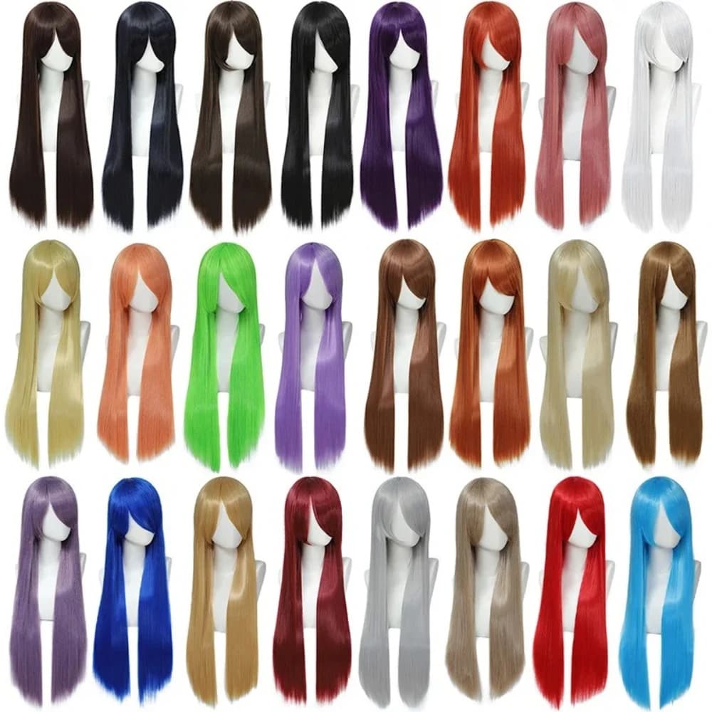 Colorful Long Straight Synthetic Hair White Purple Black Cosplay Wig 80cm For Men And Women Free Wig Cap