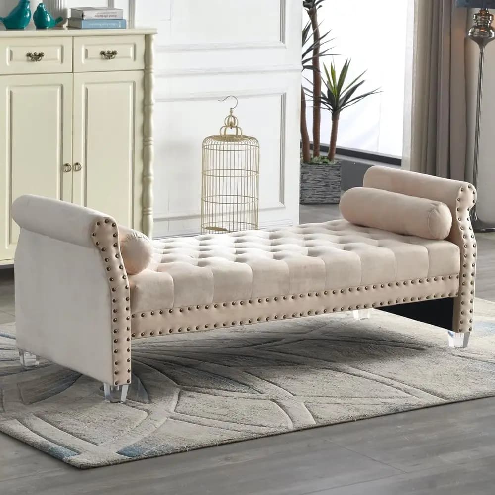 Panca imbottita in velluto trapuntata a bottoni da 71 pollici, Chaise longue per la fine del letto in camera da letto, Pouf, Poggiapiedi per finestra e soggiorno