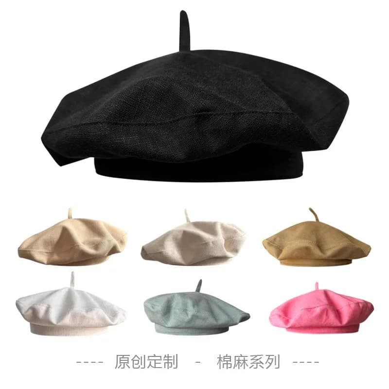 Spring Summer Black Beret for Women, Small Size Linen Breathable Solid Flying Saucer Cap, Japanese Retro Painter Hat