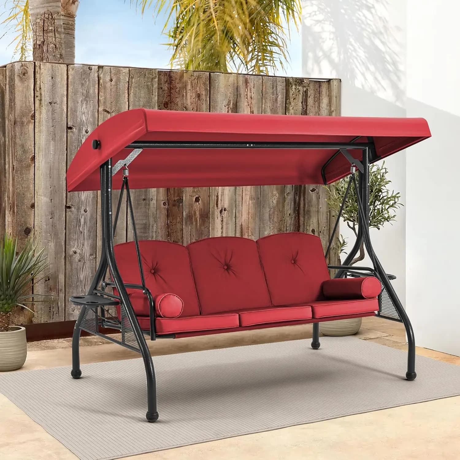 3 Seat Outdoor Porch Swing Adjustable Canopy Convertible Patio Bed Glider Cup Holder Thicken Cushions Pillow Backyard, Custom