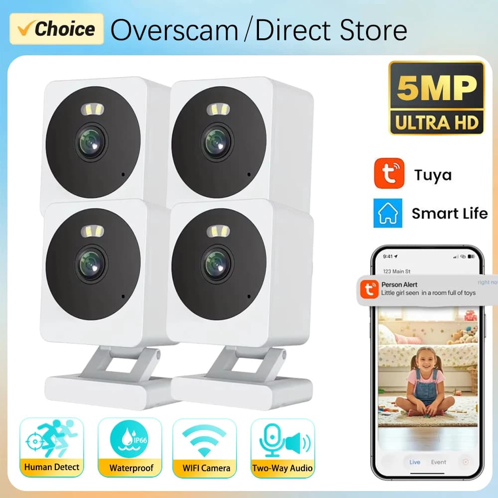 Telecamera IP di Sicurezza Interna Mini Tuya 5MP SmartLife con Rilevamento Umano, Impermeabile, per Monitoraggio Bambini e Sorveglianza CCTV