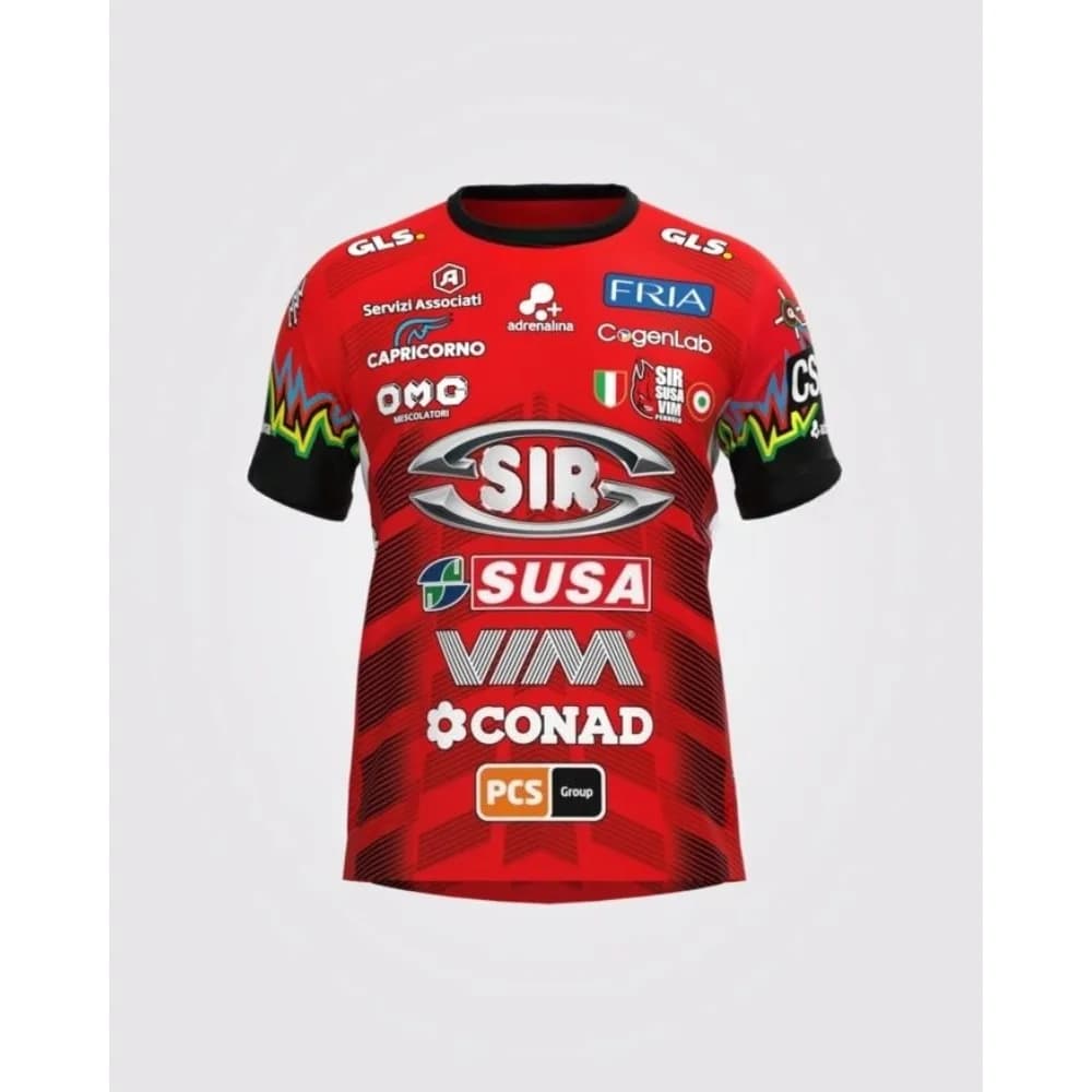 Maglia Sir Safety Susa Vim Perugia - Rossa con loghi multipli del sponsor Maglia da pallavolo ufficiale di marca della squadra per i sostenitori dei fan