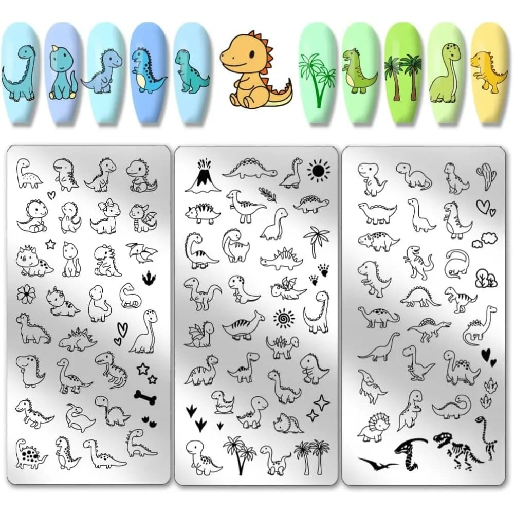 3pcs Dinosaur Nail Stamping Plates Cute Little Dinosaur Nail Art Templates Love Sun Plant Stencils Stainless Steel Image Plate