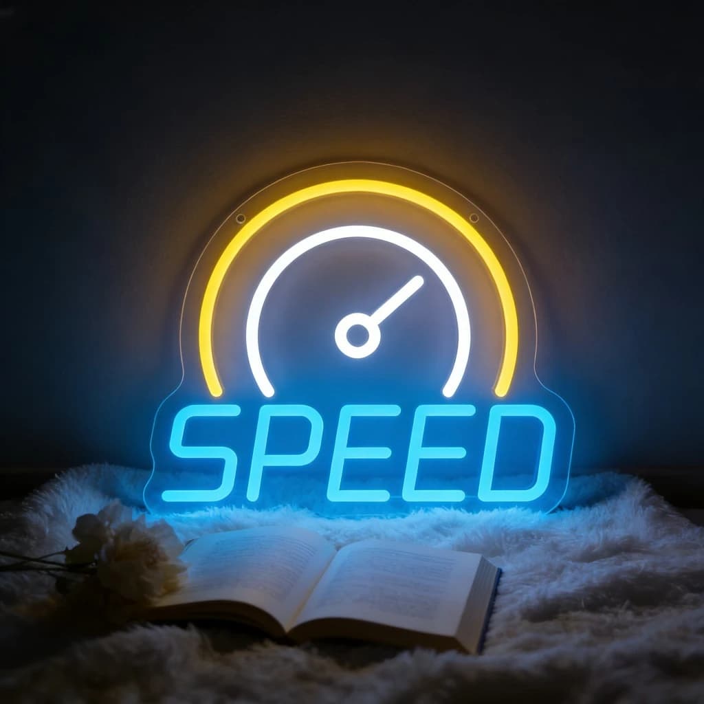 Insegna al Neon con Indicatore di Velocità, Luce LED Dimmerabile USB Blu e Gialla per Auto, Camera da Letto, Sala Giochi, Decorazione per Man Cave, Regalo per Appassionati di Corse