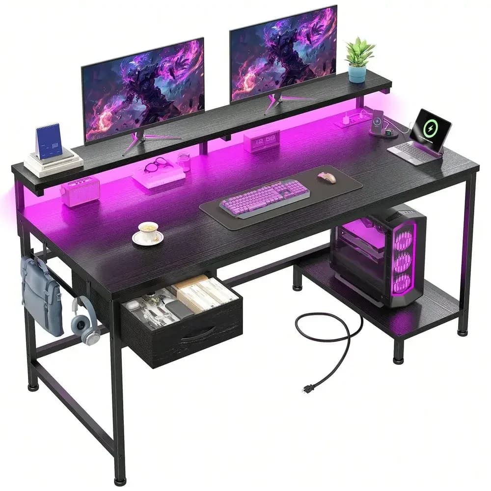 39.3 W Office Gaming Desk With Adjustable Monitor Stand, LED Lights Power Outlet For Small Space