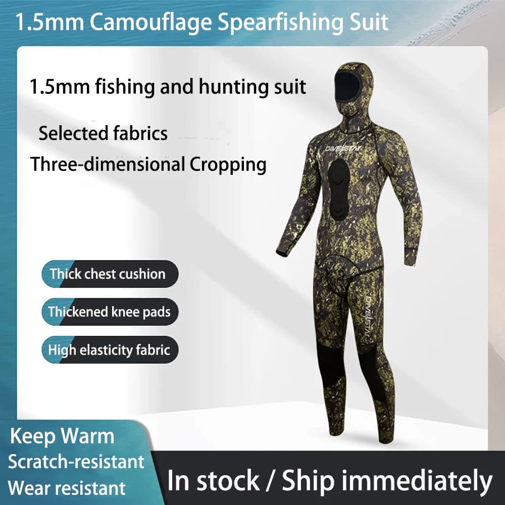 Muta da pesca subacquea da 1,5 mm Muta da sub mimetica premium in neoprene Set da due pezzi Stretch Full Body Muta da sub con cappuccio Tute da snorkeling