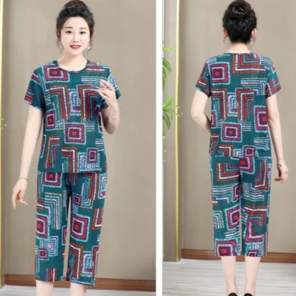 Comfortable Plus Size Elderly T-shirt Sets Stripe Loose Women Two Piece Set Summer Short-sleeved Mother's Pajamas Home Wear