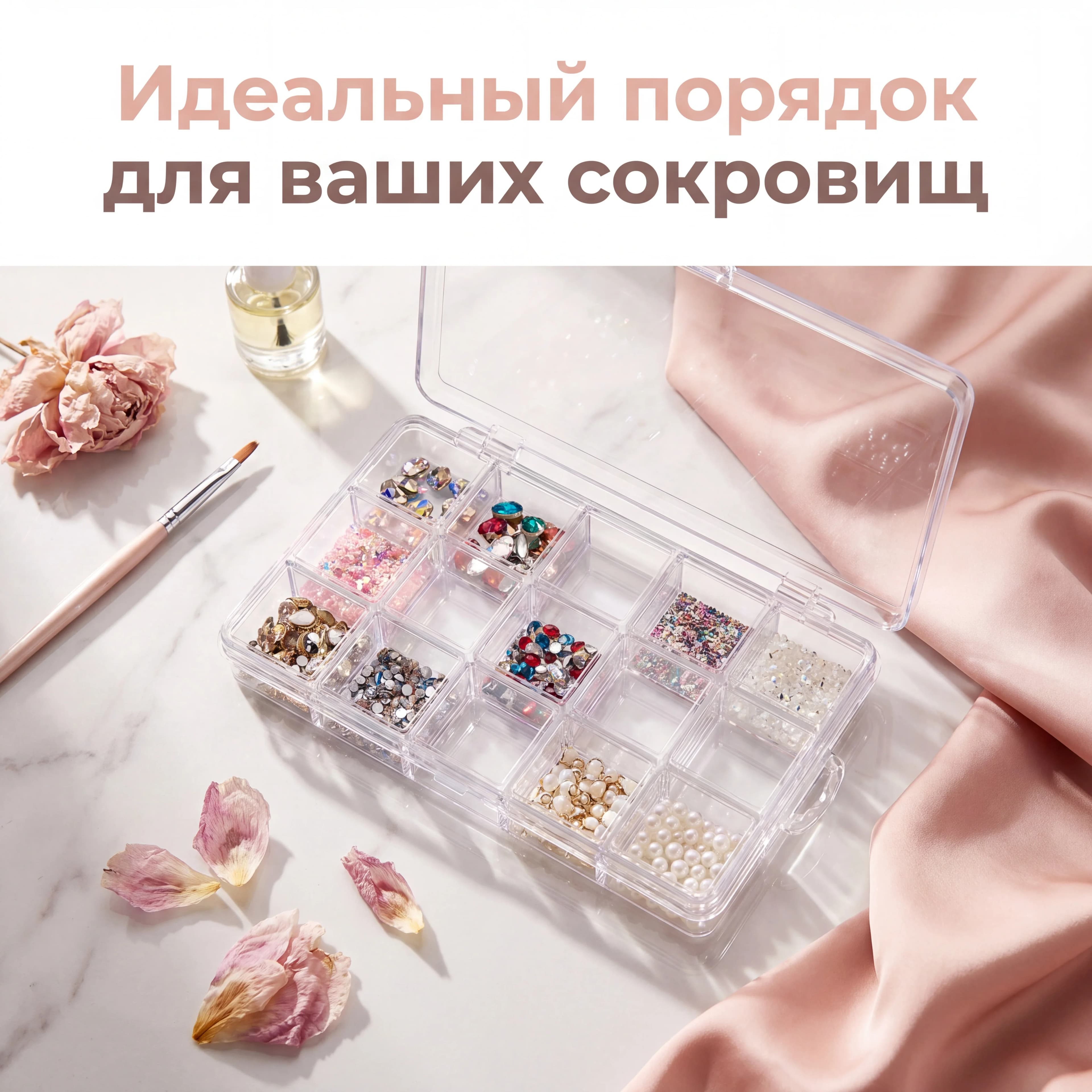 Nail Art Jewelry Storage Organizer, 24 Compartments, Clear Acrylic Box for Rhinestones and Beads, Manicure Tool