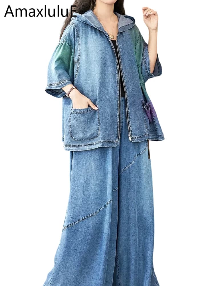 Amax LuluE 2026 Completi Due Pezzi Moda Britannica Femminile, Giacche con Cappuccio Classiche, Jeans Vintage Larghi, Eleganti Outfit Estivi in Denim