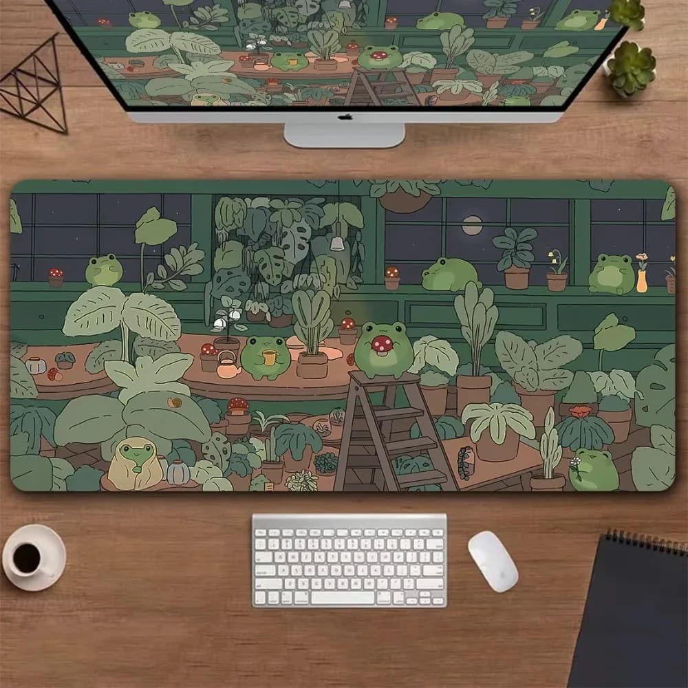 Tappetino per mouse XXL Kawaii Frog Green Nature da 1 pezzo, tappetino da scrivania estetico e carino, base in gomma antiscivolo, configurazione da gioco