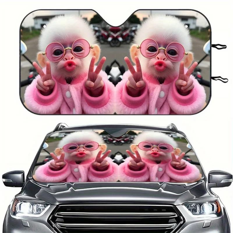 1Pcs Cute Pink Furry Baby Monkey Pattern Car Windshield Sun Shade, With 4 Free Suction Cups, Suitable For Rvs And Suvs