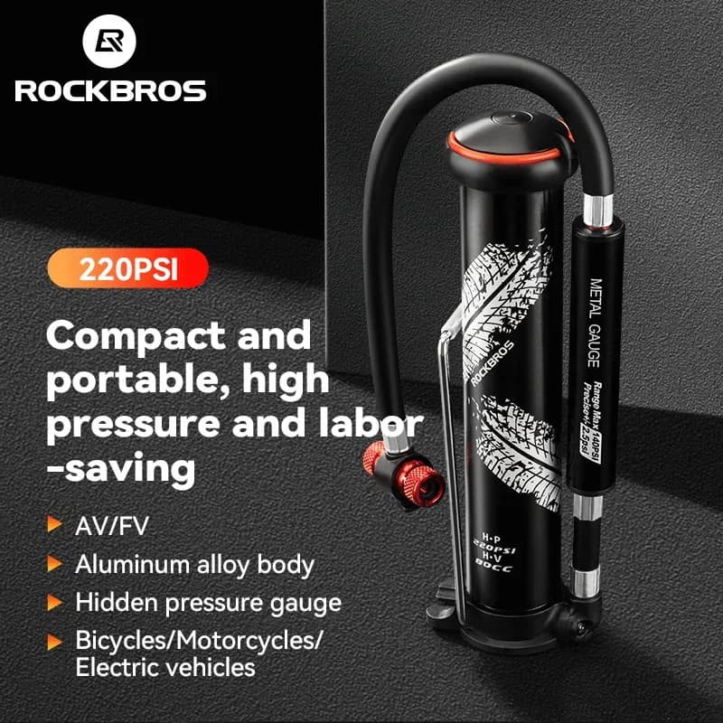 ROCKBROS Mini Pompa da Bicicletta 220PSI Pompa di Aria Portatile Schrader Presta AV/FV Calibro Gonfiatore per Pneumatici MTB Ciclismo Bici da Strada Accessori